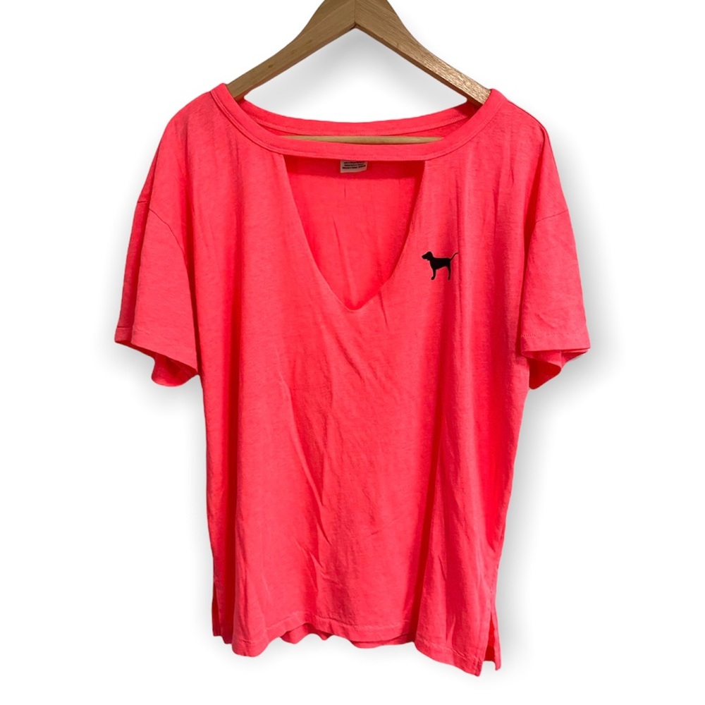 PINK Victoria Secret Short Sleeve V-neck Dog Logo Pink Salmon Womens Large